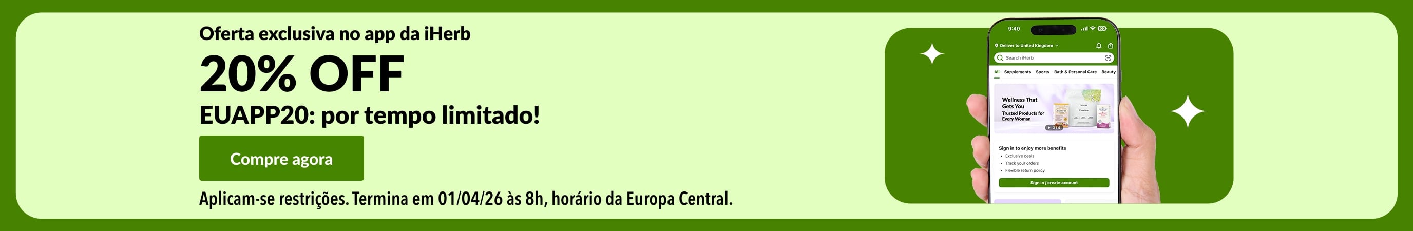 Banner com oferta exclusiva no app da iHerb: 20% OFF com QR code e código EUAPP20.