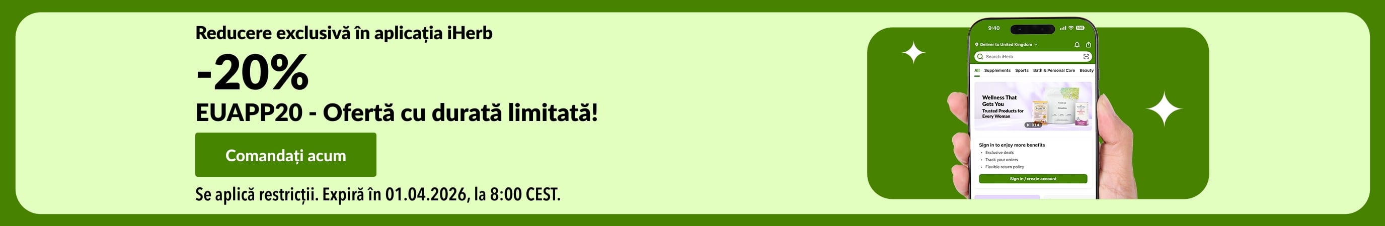 Banner pentru aplicația iHerb cu o reducere exclusivă de 20%, cu cod QR și cod promoțional EUAPP20.