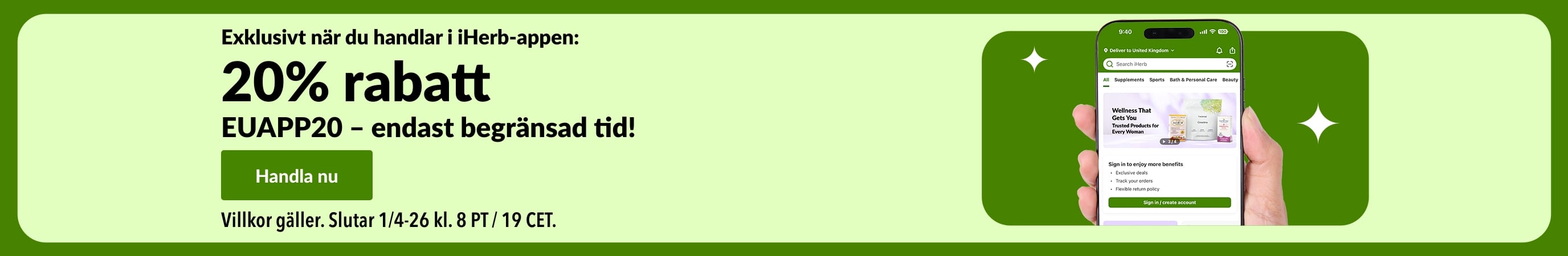 En banner med exklusiva erbjudanden i iHerb-appen som visar 20% rabatt med QR-kod och kampanjkoden EUAPP20.