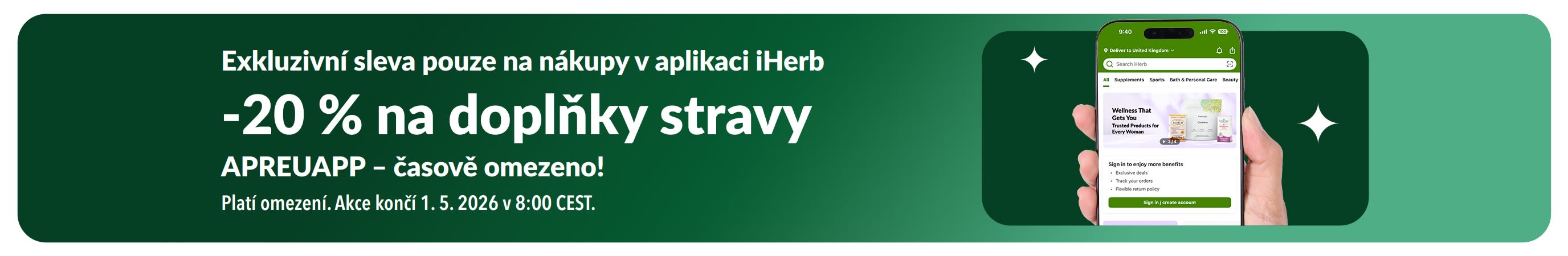Banner propagující časově omezenou 20% slevu na nákup doplňků stravy v aplikaci iHerb s kódem APREUAPP.