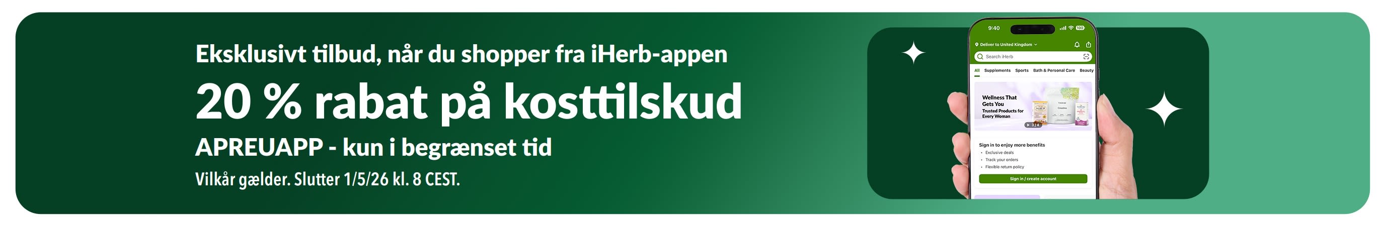 iHerb-app-kampagnebanner med 20 % rabat på kosttilskud med koden APREUAPP, i begrænset tid.