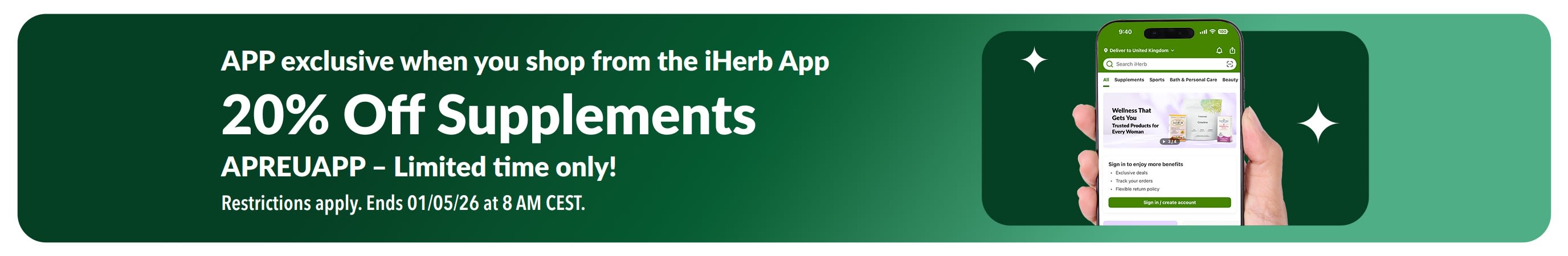 iHerb app promo banner offering 20% off supplements with code APREUAPP, limited time.