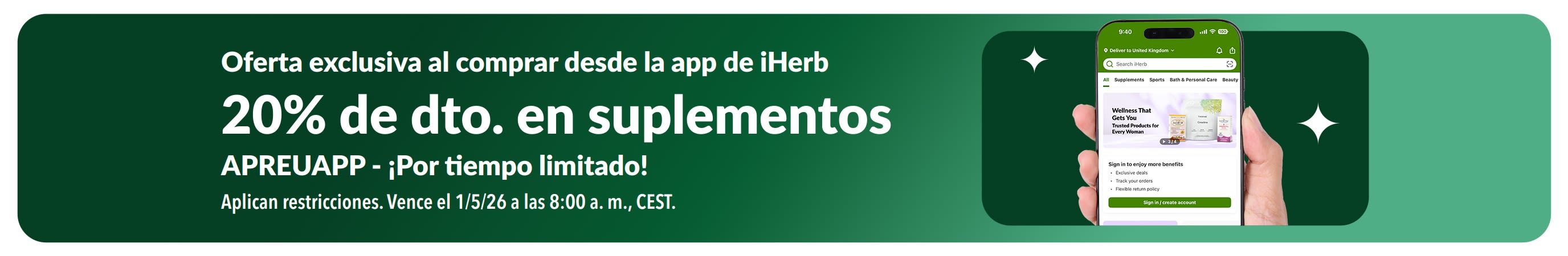 Banner del 20% de descuento en suplementos con el código APREUAPP, solo en la app de iHerb, por tiempo limitado.