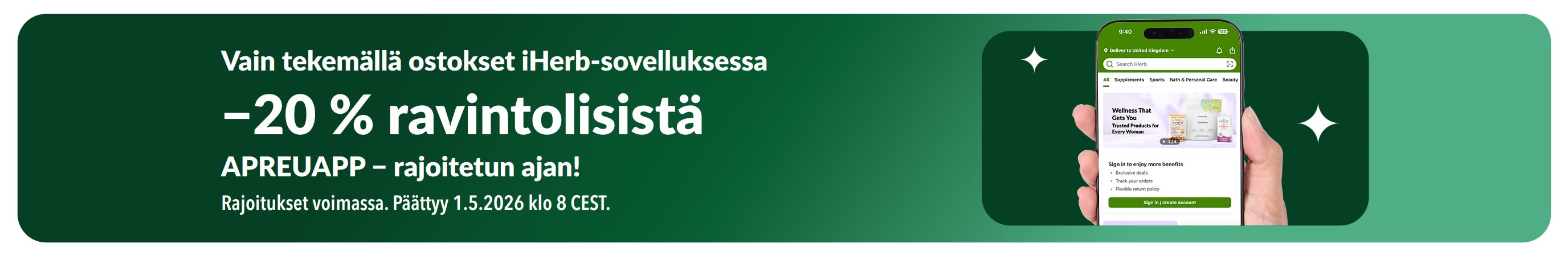 iHerb-sovelluksen tarjousbanneri, joka tarjoaa −20 % ravintolisistä koodilla APREUAPP, rajoitetun ajan.