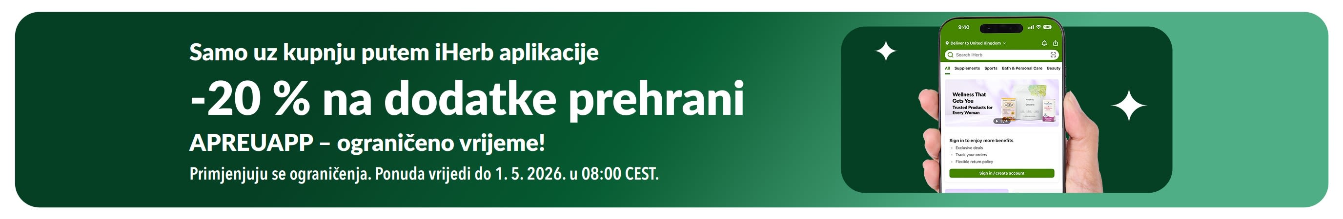 iHerb promotivni reklamni natpis: 20 % popusta na dodatke prehrani uz kod APREUAPP, ponuda je vremenski ograničena.