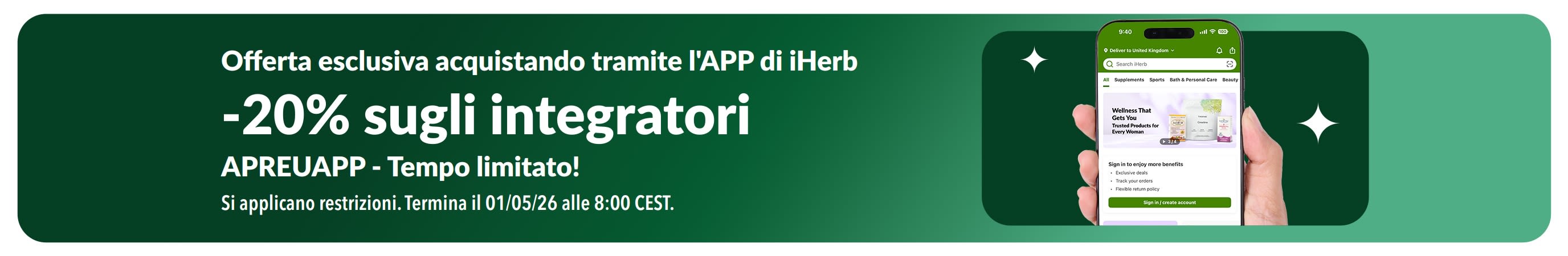 Banner promozionale di iHerb che offre il 20% di sconto sugli integratori utilizzando il codice APREUAPP, per un periodo limitato.