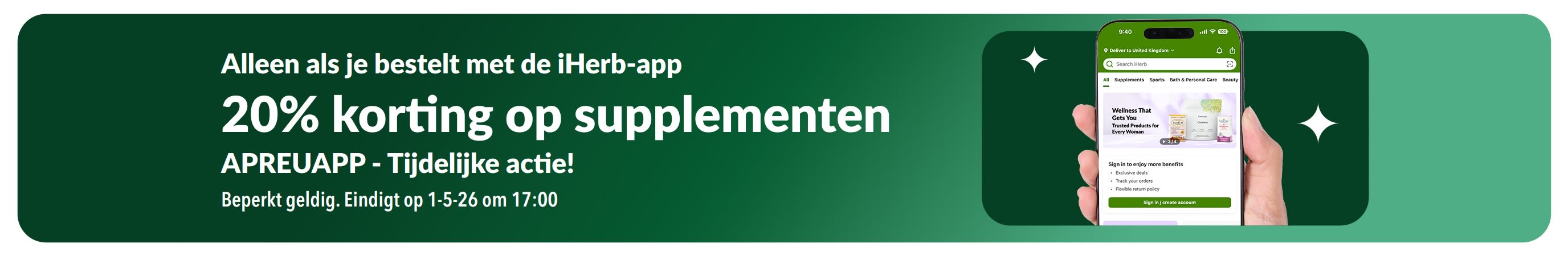 Promotiebanner in de iHerb-app met 20% korting op supplementen met de code APREUAPP, tijdelijke actie.