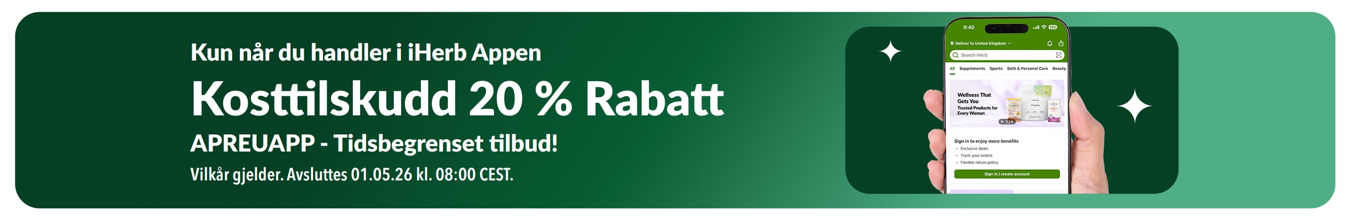 Kampanjebanner for iHerb-appen: 20 % rabatt på kosttilskudd med koden APREUAPP, i en begrenset periode.