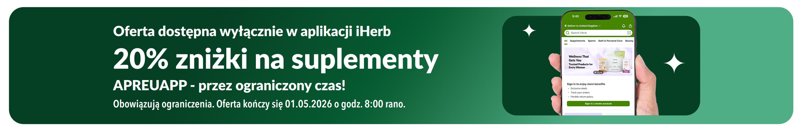 Baner promocyjny aplikacji iHerb oferujący 20% zniżki na suplementy z kodem APREUAPP, oferta ograniczona czasowo.