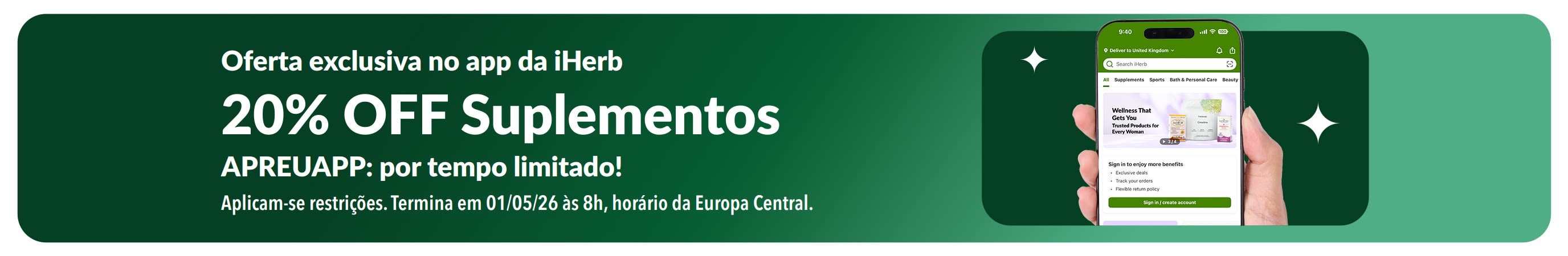 Banner promocional do app da iHerb com 20% OFF em suplementos usando o código APREUAPP, por tempo limitado.