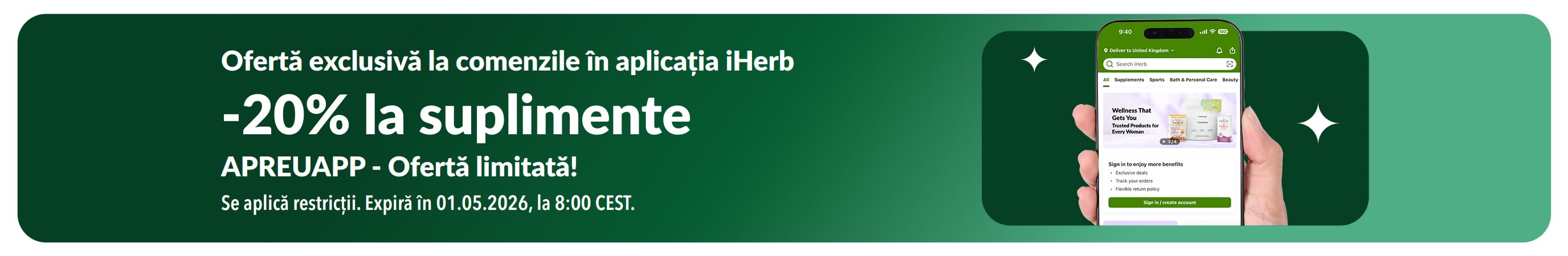 Banner promoțional cu aplicația iHerb, cu 20% reducere la suplimente cu codul APREUAPP, pentru o perioadă limitată.