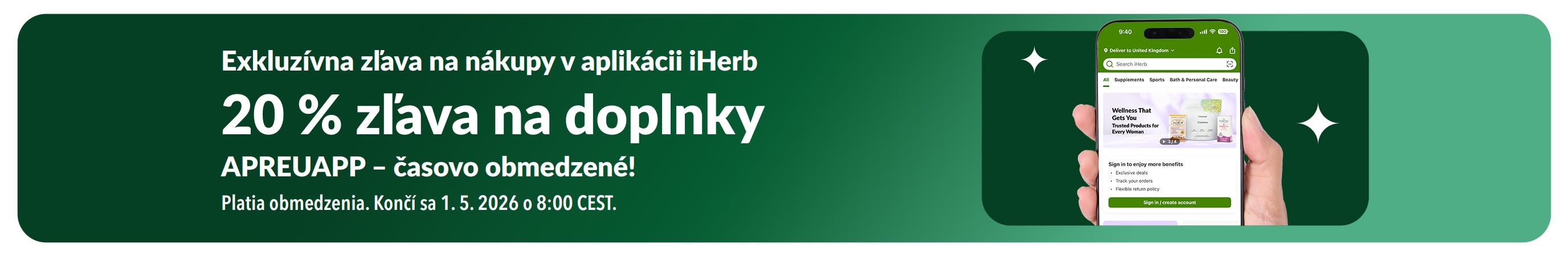 Baner iHerb, ktorý propaguje časovo obmedzenú 20 % zľavu na doplnky pri nákupe v aplikácii s kódom APREUAPP.