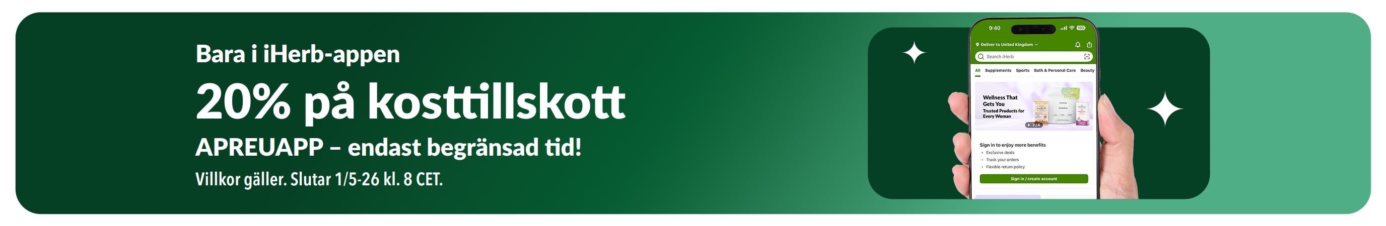 Kampanjbanner för iHerb-appen som erbjuder 20% på kosttillskott med koden APREUAPP, under begränsad tid