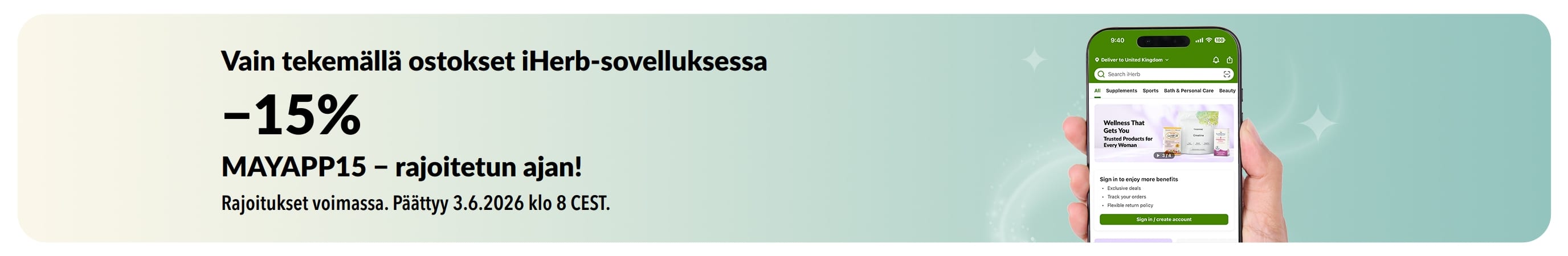 iHerb-sovelluksen tarjousbanneri, joka tarjoaa rajoitetun ajan −15% koodilla MAYAPP15.