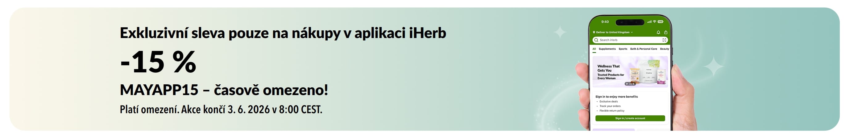 Banner propagující časově omezenou 15% slevu na nákup v aplikaci iHerb s kódem MAYAPP15.
