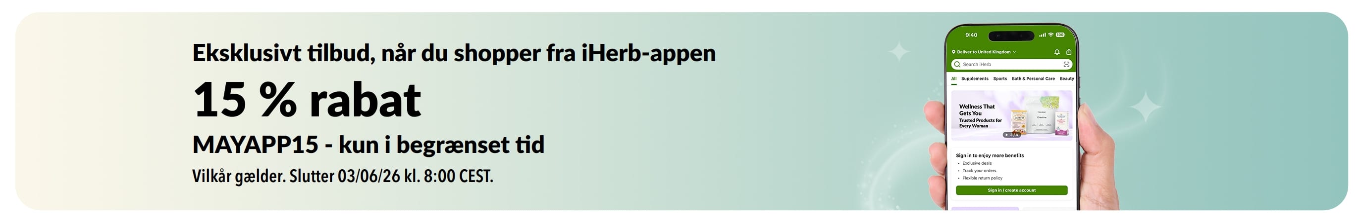 iHerb-app-kampagnebanner med 15 % rabat med koden MAYAPP15, i begrænset tid.