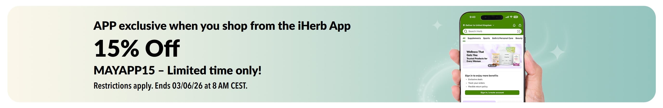 iHerb app promo banner offering 15% off with code MAYAPP15, limited time.