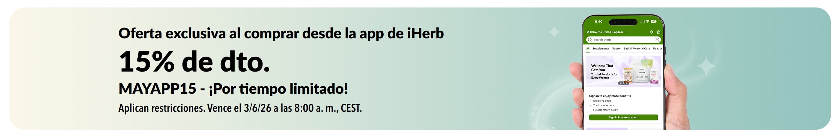 Banner del 15% de descuento con el código MAYAPP15, solo en la app de iHerb, por tiempo limitado.