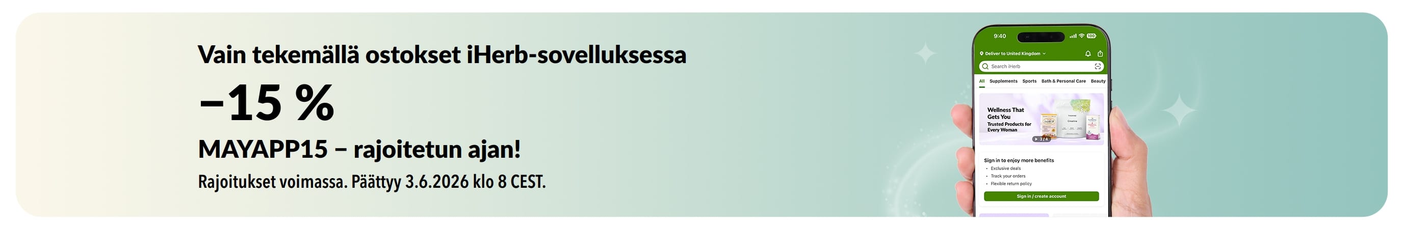 iHerb-sovelluksen tarjousbanneri, joka tarjoaa rajoitetun ajan −15% koodilla MAYAPP15.