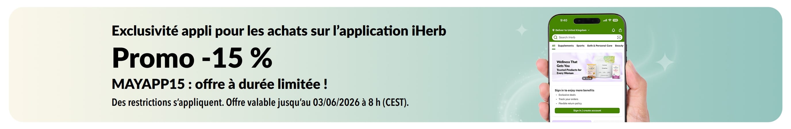 Bannière promo de l’application iHerb offrant -15 % avec le code MAYAPP15, pour une durée limitée.
