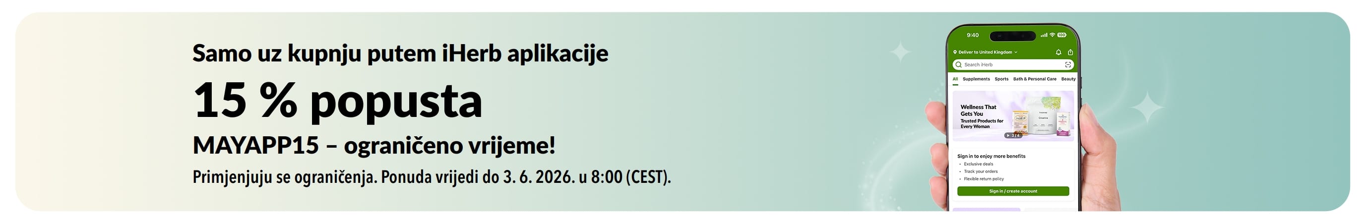 iHerb promotivni reklamni natpis: 15 % popusta uz kod MAYAPP15, ponuda je vremenski ograničena.