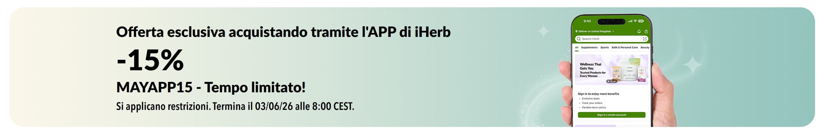 Banner promozionale di iHerb che offre il 15% di sconto utilizzando il codice MAYAPP15, per un periodo limitato.