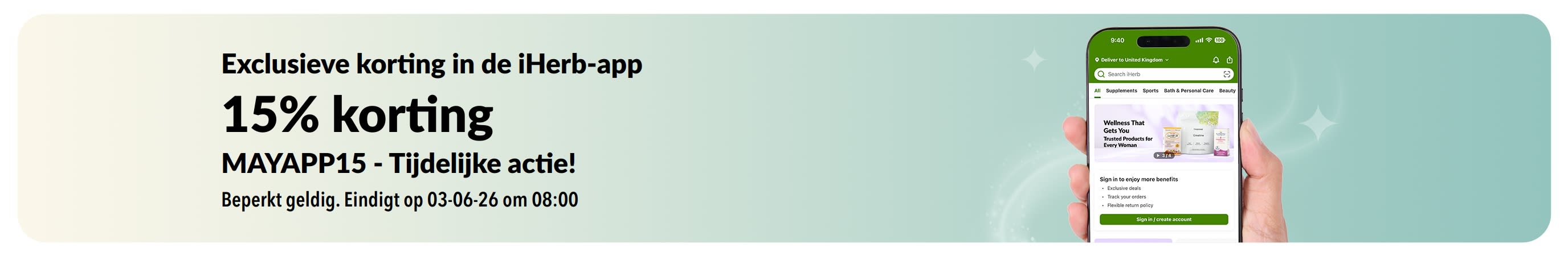 Promotiebanner in de iHerb-app met 15% korting met de code MAYAPP15, tijdelijke actie.