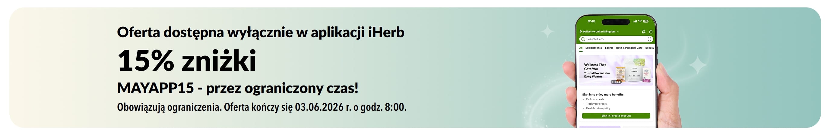 Baner promocyjny aplikacji iHerb oferujący 15% zniżki z kodem MAYAPP15, oferta ograniczona czasowo.