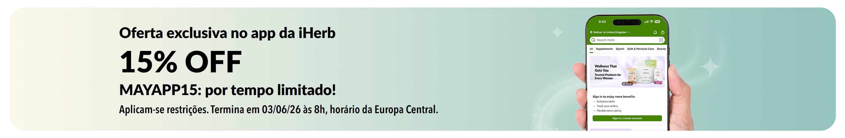 Banner promocional do app da iHerb com 15% OFF em suplementos usando o código MAYAPP15, por tempo limitado.