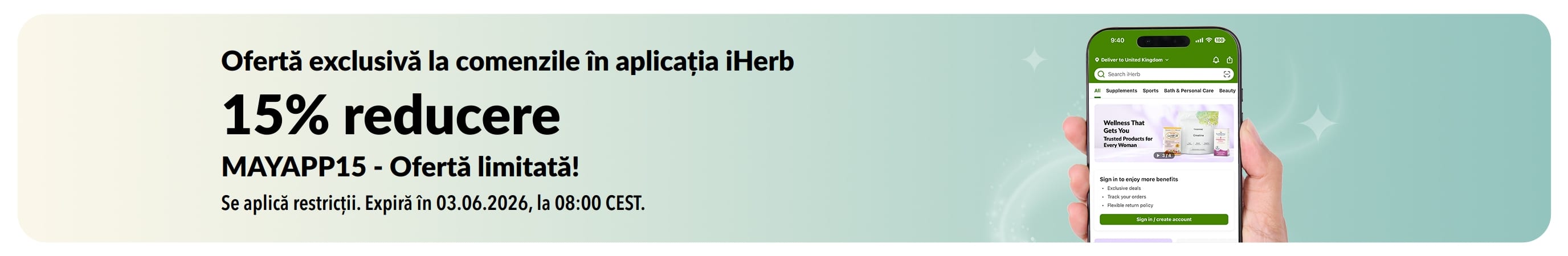 Banner promoțional cu aplicația iHerb, cu 15% reducere cu codul MAYAPP15, pentru o perioadă limitată.