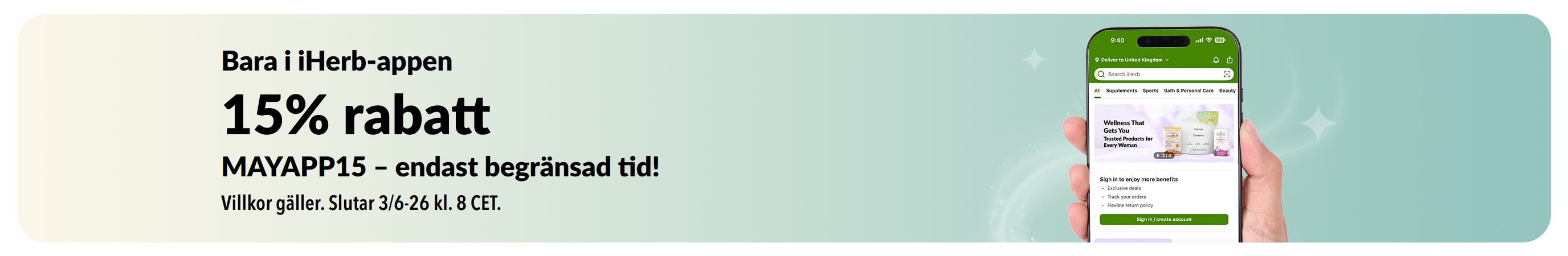 Kampanjbanner för iHerb-appen som marknadsför 15% rabatt med koden MAYAPP15, begränsad tid.