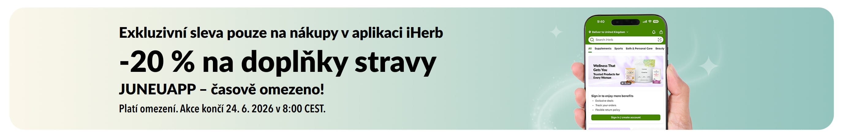 Banner propagující časově omezenou 20% slevu na nákup doplňků stravy v aplikaci iHerb s kódem JUNEUAPP.