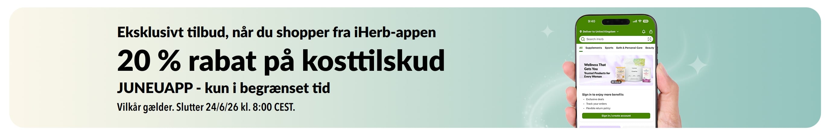 iHerb-app-kampagnebanner med 20 % rabat på kosttilskud med koden JUNEUAPP, i begrænset tid.