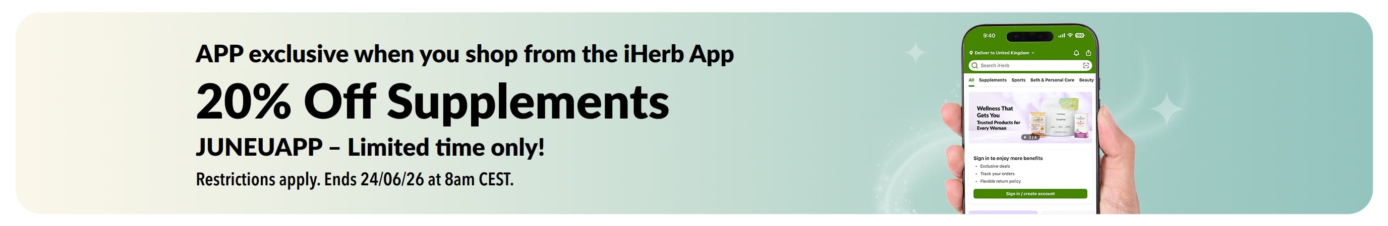 iHerb app promo banner offering 20% off supplements with code JUNEUAPP, limited time.