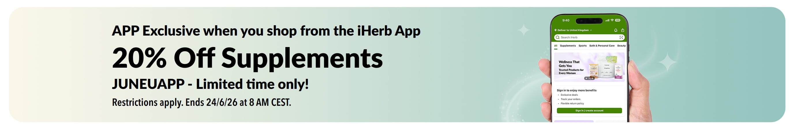 iHerb app promo banner offering 20% off supplements with code JUNEUAPP, limited time.