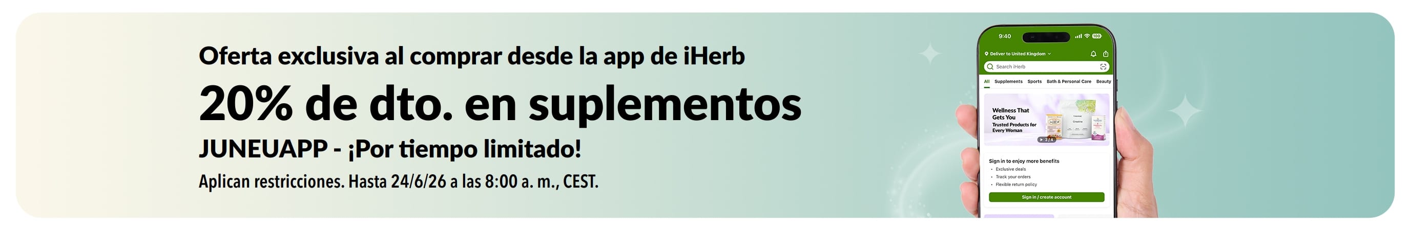 Banner del 20% de descuento en suplementos con el código JUNEUAPP, solo en la app de iHerb, por tiempo limitado.