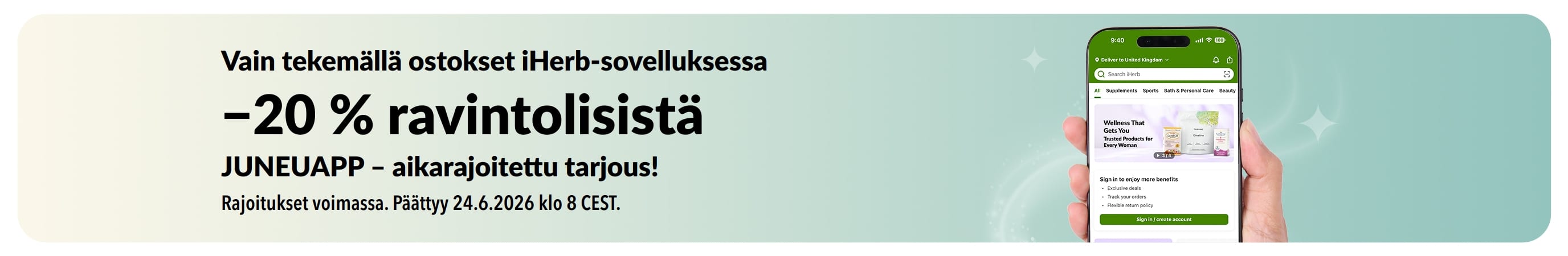 iHerb-sovelluksen tarjousbanneri, joka tarjoaa −20 % ravintolisistä koodilla JUNEUAPP, rajoitetun ajan.