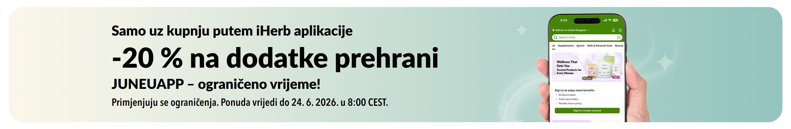 iHerb promotivni reklamni natpis: 20 % popusta na dodatke prehrani uz kod JUNEUAPP, ponuda je vremenski ograničena.