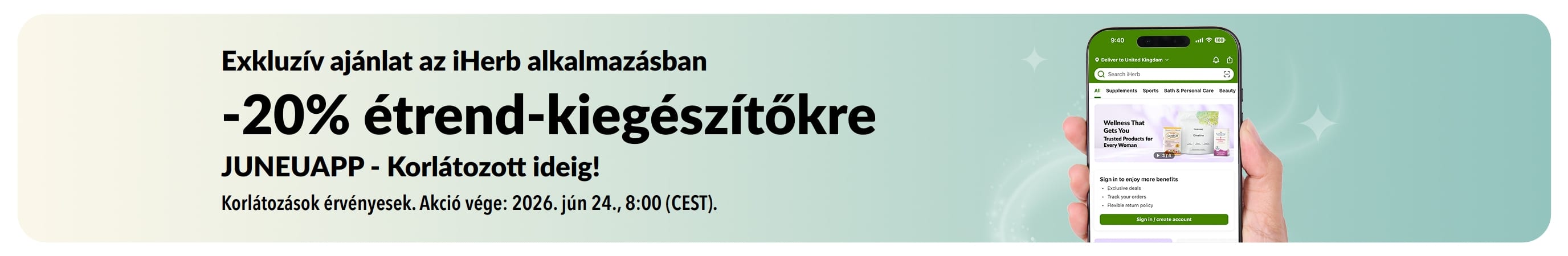iHerb alkalmazás promóciós banner, amely 20% kedvezményt kínál étrend-kiegészítőkre az JUNEUAPP kóddal, korlátozott ideig.
