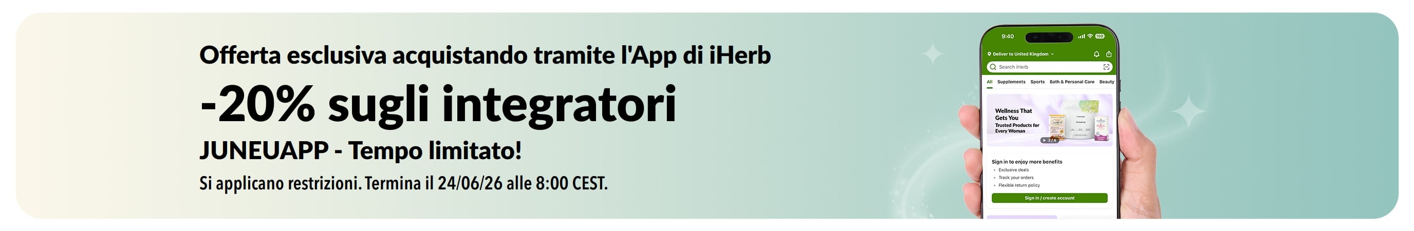 Banner promozionale di iHerb che offre il 20% di sconto sugli integratori utilizzando il codice JUNEUAPP, per un periodo limitato.