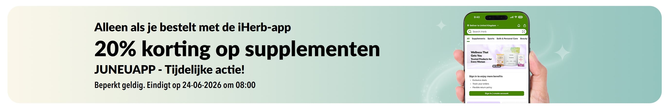 Promotiebanner in de iHerb-app met 20% korting op supplementen met de code JUNEUAPP, tijdelijke actie.