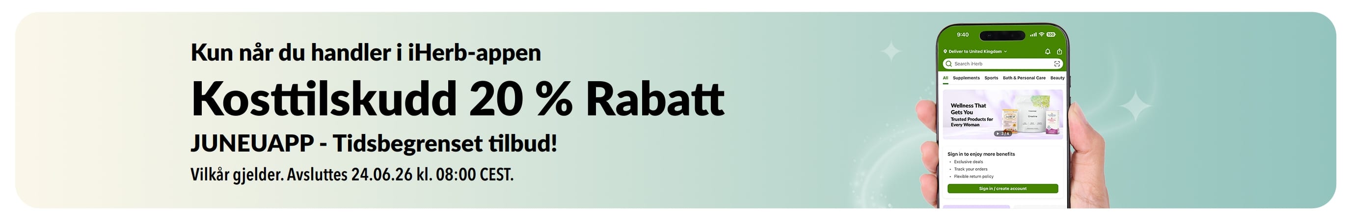 Kampanjebanner for iHerb-appen: 20 % rabatt på kosttilskudd med koden JUNEUAPP, i en begrenset periode.