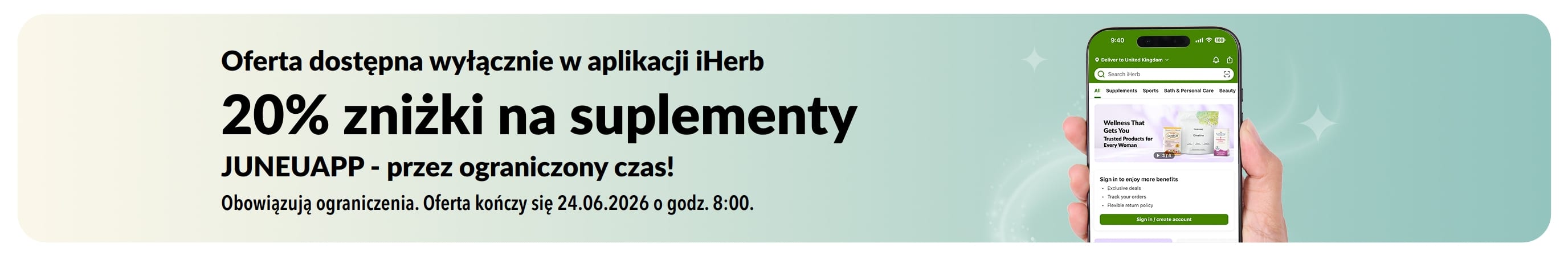 Baner promocyjny aplikacji iHerb oferujący 20% zniżki na suplementy z kodem JUNEUAPP, oferta ograniczona czasowo.