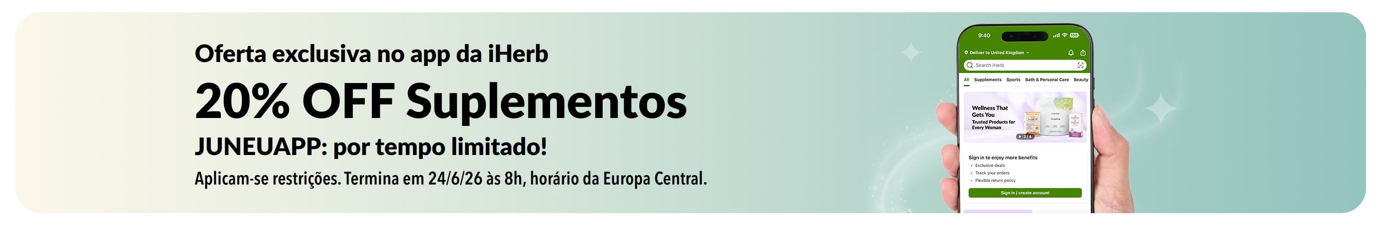 Banner promocional do app da iHerb com 20% OFF em suplementos usando o código JUNEUAPP, por tempo limitado.
