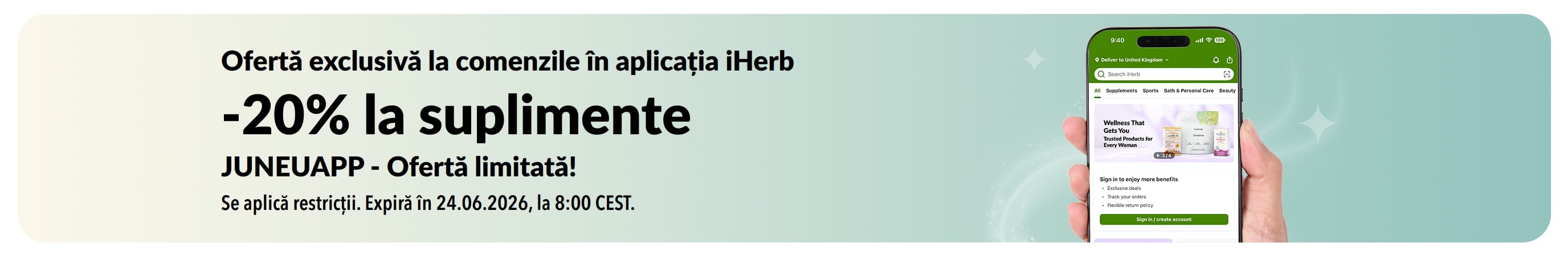 Banner promoțional cu aplicația iHerb, cu 20% reducere la suplimente cu codul JUNEUAPP, pentru o perioadă limitată.