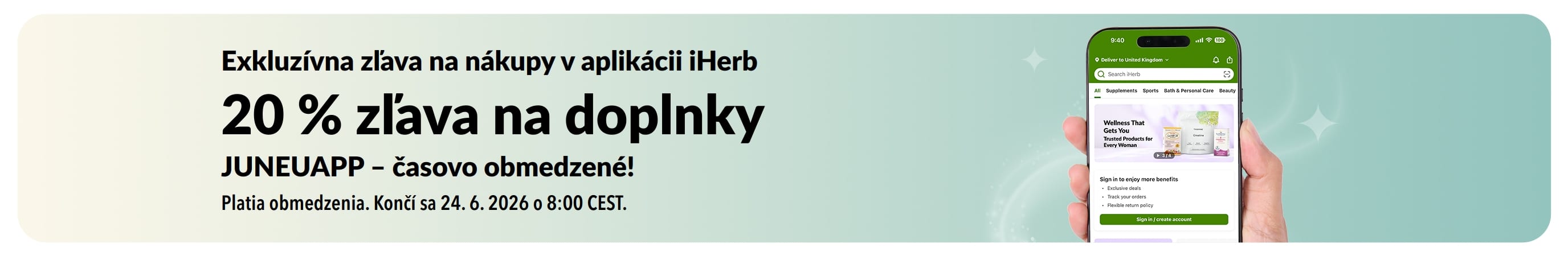 Baner iHerb, ktorý propaguje časovo obmedzenú 20 % zľavu na doplnky pri nákupe v aplikácii s kódom JUNEUAPP.
