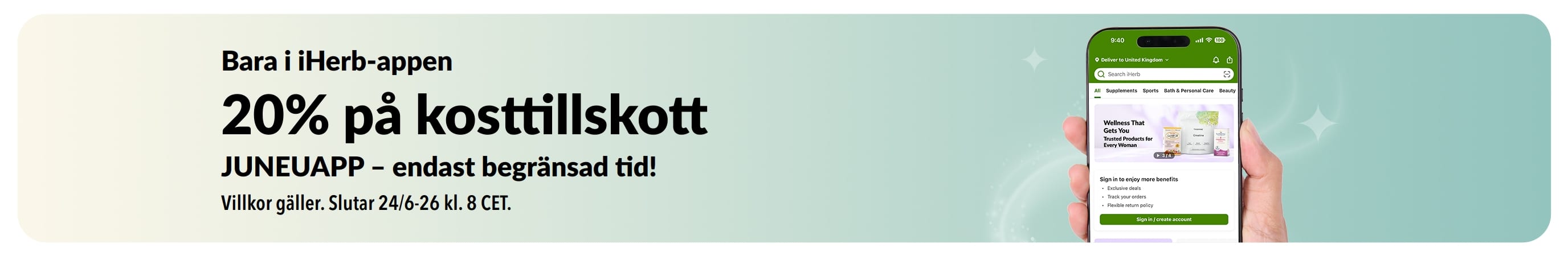 Kampanjbanner för iHerb-appen som erbjuder 20% på kosttillskott med koden JUNEUAPP, under begränsad tid