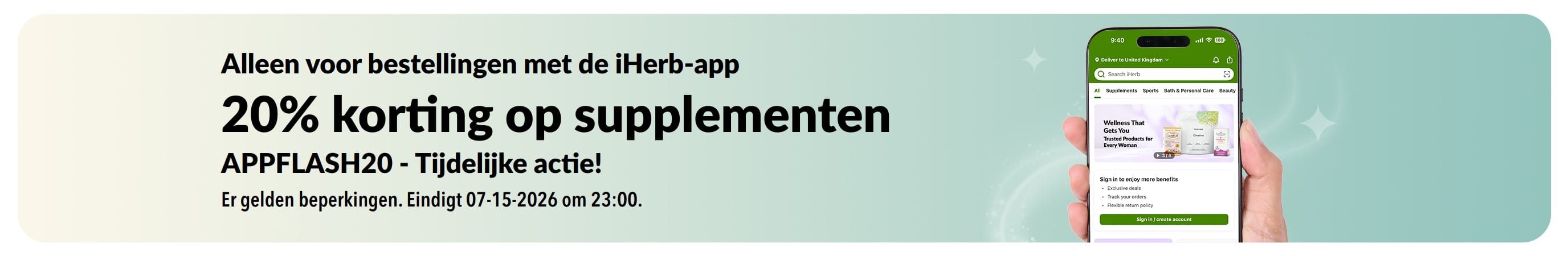 Promotiebanner in de iHerb-app met 20% korting op supplementen met de code APPFLASH20, tijdelijke actie.