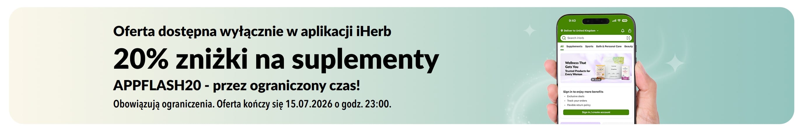 Baner promocyjny aplikacji iHerb oferujący 20% zniżki na suplementy z kodem APPFLASH20, oferta ograniczona czasowo.