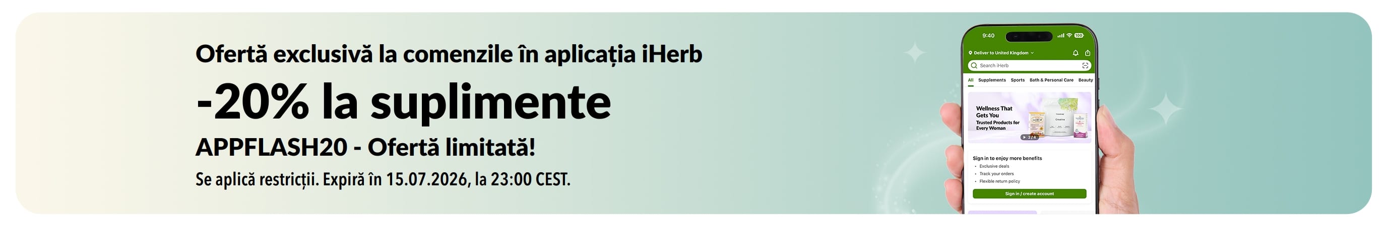 Banner promoțional cu aplicația iHerb, cu 20% reducere la suplimente cu codul APPFLASH20, pentru o perioadă limitată.